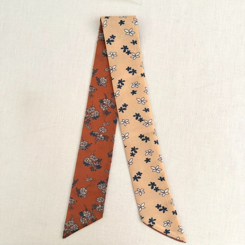 Slim Scarf 34in Rust and Cream Floral Duo Print 2 Sided Neck Hair Bag Wrap No39